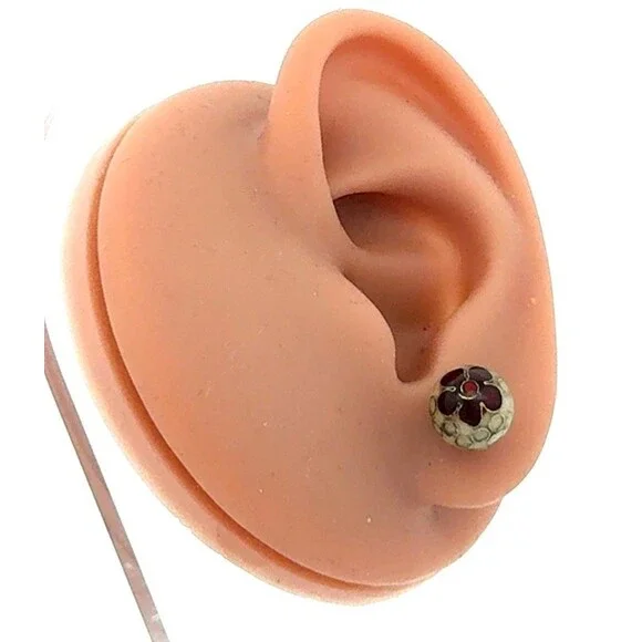 Estate Designer 14k Yellow Gold Round Enamel Red Flower Ball Stud Earrings